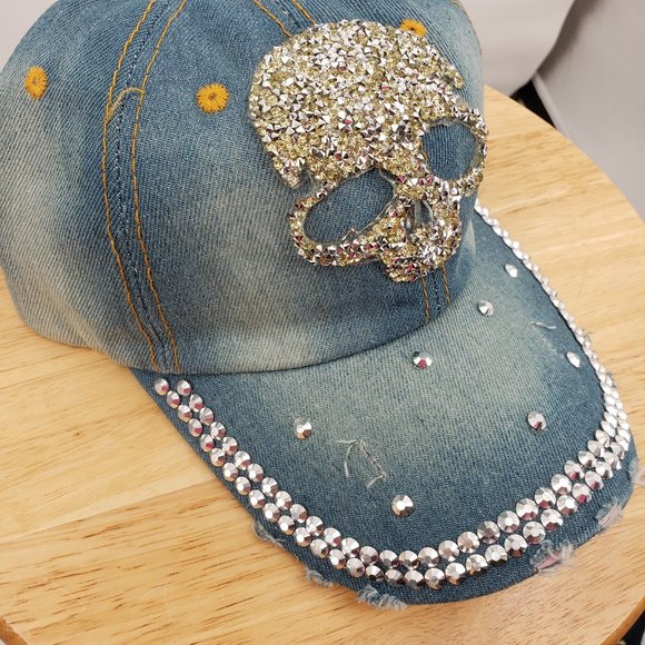 Halloween Crystal Bling Skull Distressed Light Wash Denim Ball Cap - Picture 3 of 4